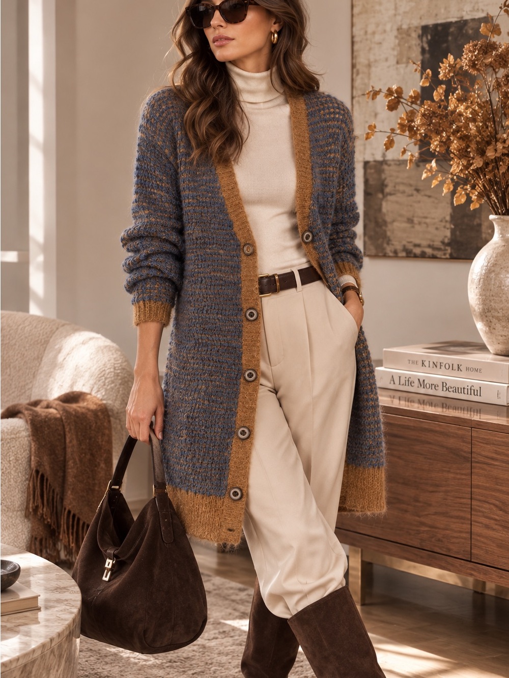 Mohair Blend Cardigan Women S Longline Blue Camel Textured Knit Layering Sweater